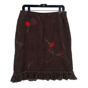 Vintage Ann Taylor Loft Brown Corduroy Floral Embroidered Skirt Size 12 90s Y2K